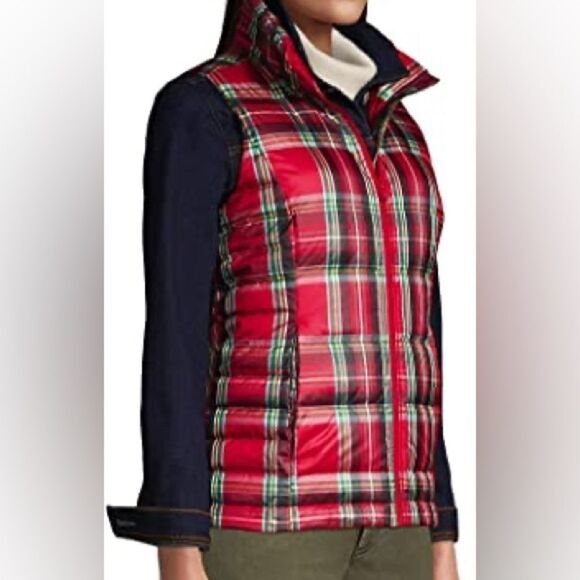 Lands End quilted puffer red blue plaid down filled winter vest girls M 10/12 - Picture 3 of 14